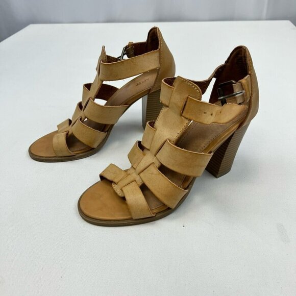 Apt. 9 Shoes - Apt. 9 Womens Strappy Sandals Tan Open Toe High Heel Stacked Buckle 8.5 M